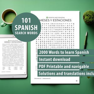 May include: A green background with a tablet and a printed worksheet featuring a word search puzzle in Spanish. The worksheet has the title "Meses y Estaciones" and the text "2000 Words to learn Spanish". A mug of green liquid and a small plant are also present.