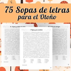 May include: A page from a word search puzzle book with the title "75 Word Searches for Autumn" in large, bold text. The page features word search puzzles with autumn-themed words and phrases. The background has an autumn theme.