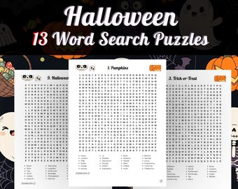 Könnte beinhalten: Ein Halloween-Bild mit 13 Wortsuchrätseln. Der Titel "Halloween" ist in einer dekorativen Schriftart dargestellt, darunter der Text "13 Word Search Puzzles". Das Bild enthält Kürbis- und Geisterillustrationen.
