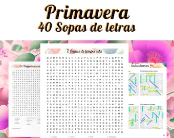 40 Sopas de letras de Primavera, 800 palabras. Pasatiempos imprimible para mayores, adultos y jóvenes | Español | Descarga inmediata | PDF