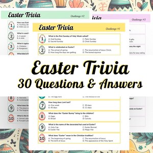 Easter Trivia, 30 Questions with answers and two score cards. Trivia Night, Easter Group Game. Quiz Family Game. Printable easter activity