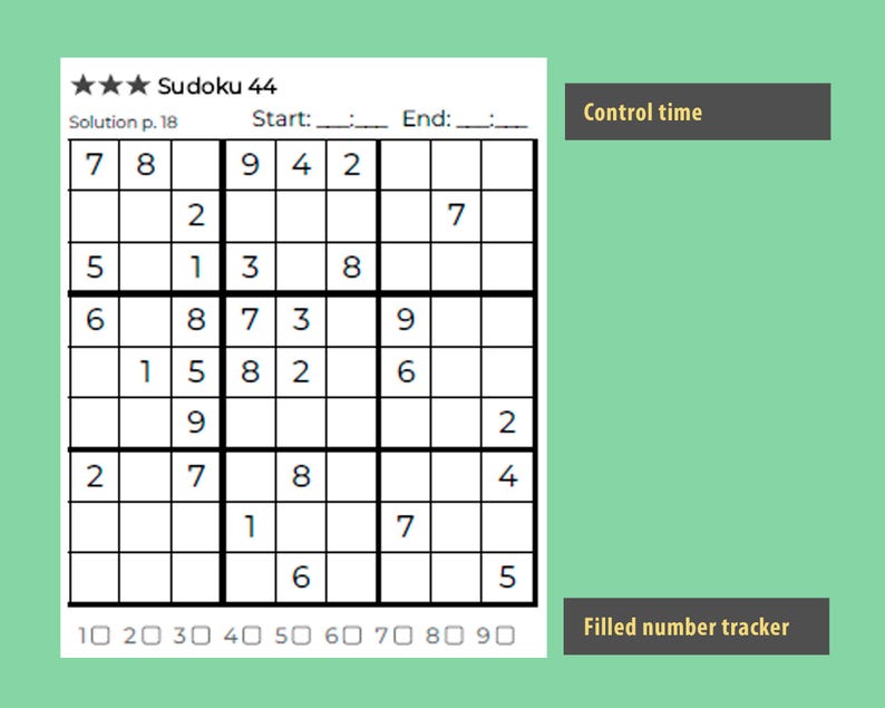 ✔ 5,000 Sudokus, guaranteeing hours of entertainment.
✔ Each Sudoku has only one possible solution.
✔ Track your solving time to challenge yourself.
✔ Easily identify completed number sets.
✔ Clear and elegant design.
✔ 3 Difficulty Levels – Suitable for beginners, enthusiasts, and experts alike.
✔ Printable Sudoku book, ideal for use at home, in the classroom, or while traveling.
✔ Two files: Standard US-Letter (8.5in x 11in) and A4 Paper.
✔ 4 Sudokus per page.
✔ Easy-to-read