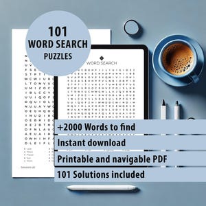 Word Search Printable Book. 101 Word Search Puzzles and +2000 words to find. Printable PDF File, instant download. Solutions included