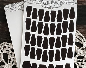 Folha de adesivos de planejador de caixão preto e branco - fofo assustador - detalhes de planejador