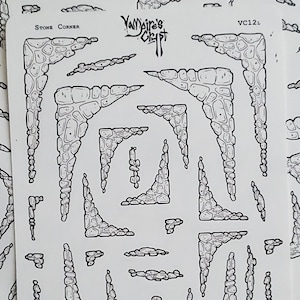 May include: A sheet of printable stone corner stickers for tabletop gaming. The sheet features a repeating pattern of stone corner designs. The sheet is labelled "Stone Corner" and "Vanguards Crypt".
