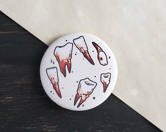 Bloody Teeth pin button badge- Creepy cute horror- 1.5 inch button- silky matte finish