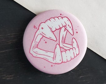 Vampire Fangs Pin Badge - 1.5 inch - Pastel Goth- Pink - Creepy cute