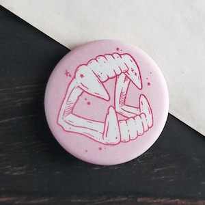 Vampire Fangs Pin Badge - 1.5 inch - Pastel Goth- Pink - Creepy cute