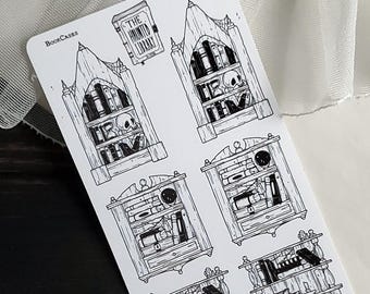Hoja de pegatinas para estanterías / Pegatinas para agendas / Escalofriante y adorable - Papelería gótica / Biblioteca embrujada