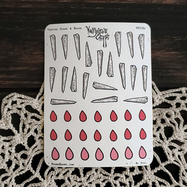 Vampire Stake and Blood Droplets STICKER Sheet - Vampire's Crypt- Spooky Cute - Planner Stickers