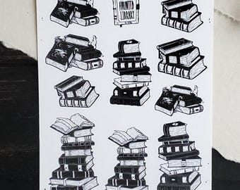 Hoja de pegatinas de pilas de libros / Pegatinas para agendas / Estilo gótico adorable y misterioso / Papelería gótica / Biblioteca encantada / Pegatinas para amantes de los libros