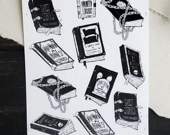 Hoja de pegatinas de libros de fantasmas / Pegatinas para planificador / Lindo y espeluznante - Papelería gótica / Biblioteca embrujada / Pegatinas de libros