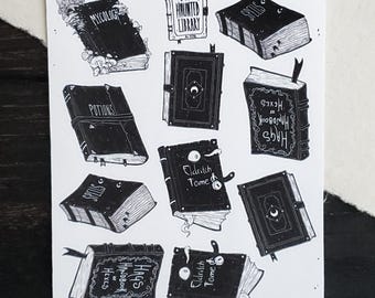 Hoja de pegatinas de libros de brujas / Pegatinas de planificador / Lindo y espeluznante - Papelería gótica / Biblioteca embrujada / Libro de hechizos / Pegatinas de libros