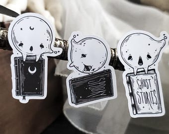 Hoja de pegatinas de fantasmas con libros / Pegatinas para agenda / Pegatinas espeluznantes y adorables - Papelería gótica / Biblioteca embrujada / Pegatinas de libros