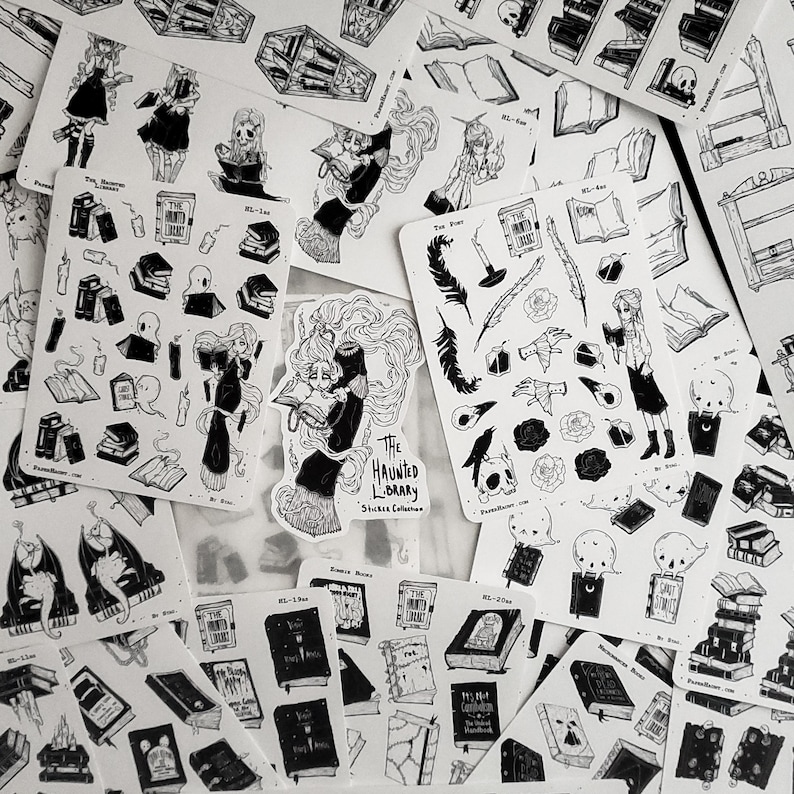 May include: A set of black and white stickers featuring a spooky library theme. The stickers include illustrations of books, ghosts, ravens, and a girl reading a book. The text "The Haunted Library Sticker Collection" is printed on one of the stickers.