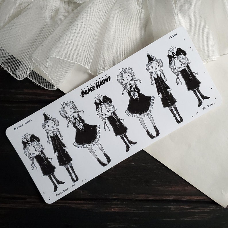 May include: A set of eight black and white illustrations of pumpkin girls with the text "Paper Haunt" and "By Stao" on a white background.
