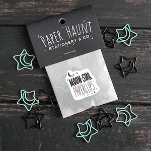 Blue and black Moon Star paperclips, Spooky cute, Pastel Goth