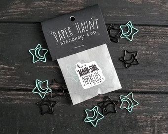 Blue and black Moon Star paperclips, Spooky cute, Pastel Goth