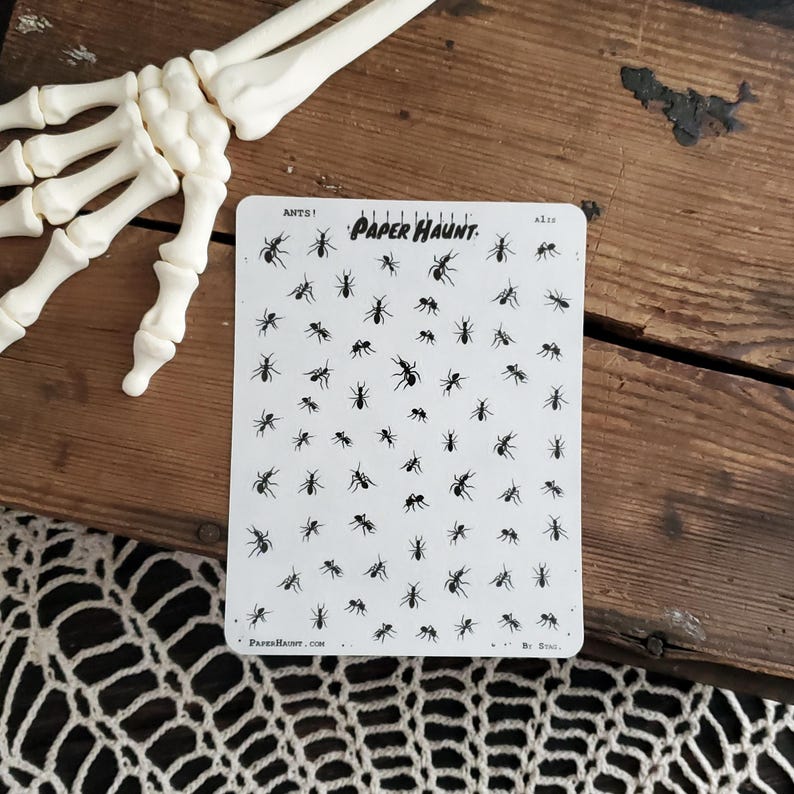 May include: A sheet of black ant stickers with the text "ANTS! PAPER HAUNT. A120" printed on it. The sheet is on a wooden surface.