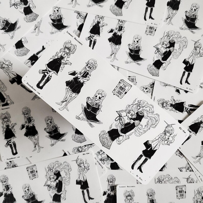 May include: A set of black and white stickers featuring illustrations of skeletons in various poses, including reading books. The stickers are on a white background and include the text "The Haunted Library" and "Library Residents".