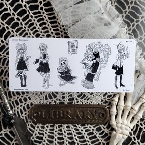 May include: A set of five black and white illustrations of characters from "The Haunted Library" by PaperHaunt. The characters are a girl with a book, a girl with a book and a skull, a girl with a book and a skull, a girl with a book and a skull, and a girl with a book and a skull.