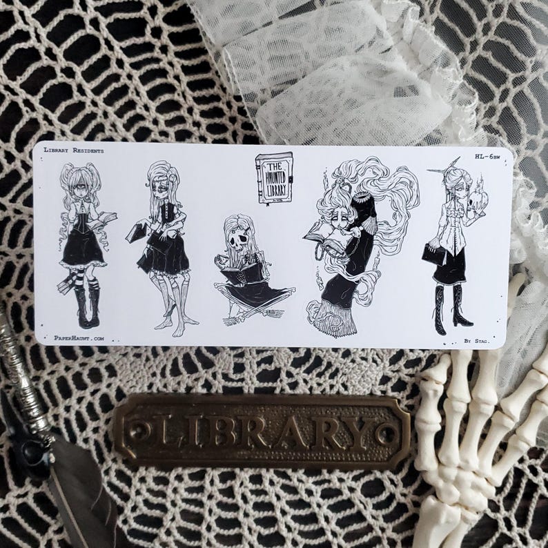 May include: A set of five black and white illustrations of characters from "The Haunted Library" by PaperHaunt. The characters are a girl with a book, a girl with a book and a skull, a girl with a book and a skull, a girl with a book and a skull, and a girl with a book and a skull.