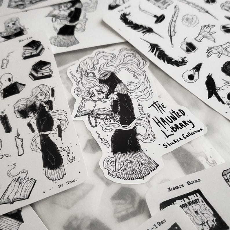 May include: A black and white sticker sheet featuring a spooky illustration of a ghost reading a book in a haunted library. The sticker sheet includes the text "The Haunted Library Sticker Collection" and the artist's signature "By Stag."
