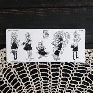 May include: Black and white illustration of five characters from "The Haunted Library" with the text "Library Residents" and "Hi-Sew" on the top and bottom of the image.