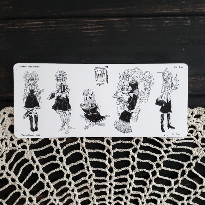 May include: Black and white illustration of five characters from "The Haunted Library" with the text "Library Residents" and "Hi-Sew" on the top and bottom of the image.