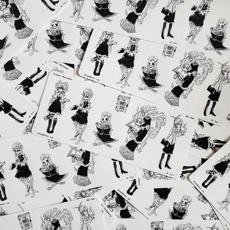May include: A set of black and white stickers featuring a skeleton girl in various poses. The stickers are on a white background and feature the text "The Haunted Library".
