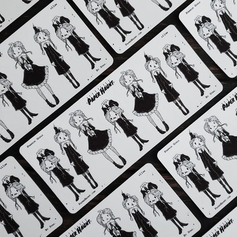 May include: A set of ten black and white stickers featuring illustrations of girls dressed in black dresses with pumpkin heads. The stickers are rectangular and have the text "Paper Haunt" and "Pumpkin Girls" printed on them.