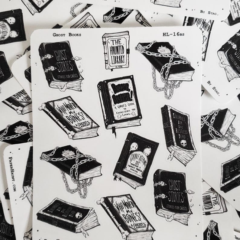 May include: A set of 10 black and white stickers featuring illustrations of books with spooky titles like "Who Moved My Bones?" and "Ghost Stories". The stickers are printed on white paper and have a glossy finish.