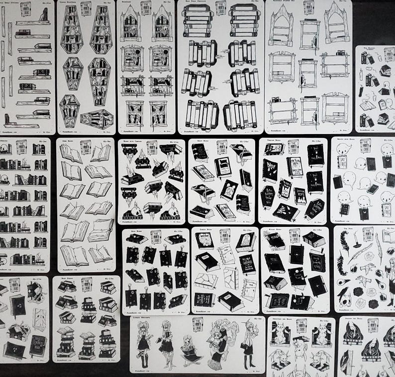 May include: A sheet of black and white stickers featuring various illustrations of books, shelves, and other book-related imagery. The stickers are designed for use in planners, journals, and other creative projects.