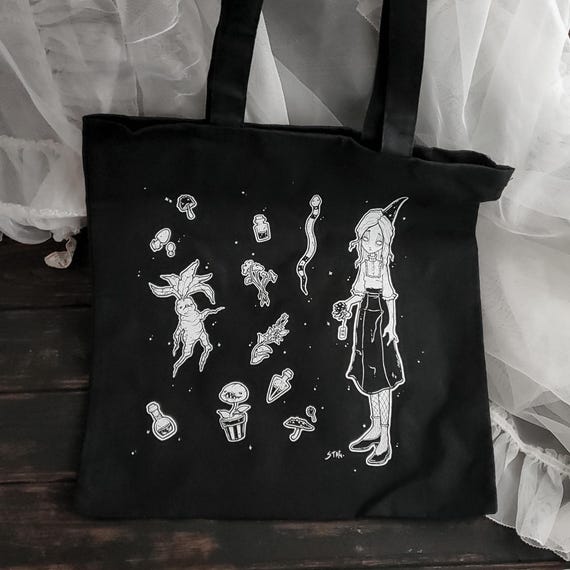 Garden Witch Tote Bag, Creepy cute and witchy goth screen printed tote
