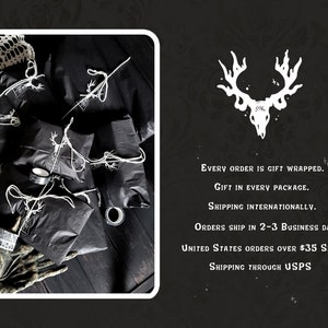 May include: Black gift boxes wrapped in black tissue paper with white twine and a white deer skull logo. The boxes are on a dark wood surface.  Every order is gift wrapped. Gift in every package. Shipping internationally. Orders ship in 2-3 business days. United States orders over $35 ship free. Shipping through USPS.