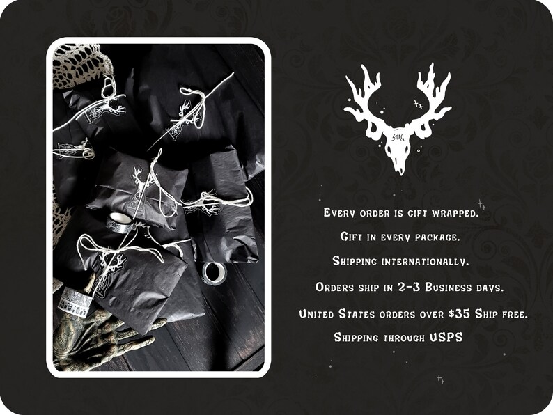 May include: Black gift boxes wrapped in black tissue paper with white twine and a white deer skull logo. The boxes are on a dark wood surface.  Every order is gift wrapped. Gift in every package. Shipping internationally. Orders ship in 2-3 business days. United States orders over $35 ship free. Shipping through USPS.