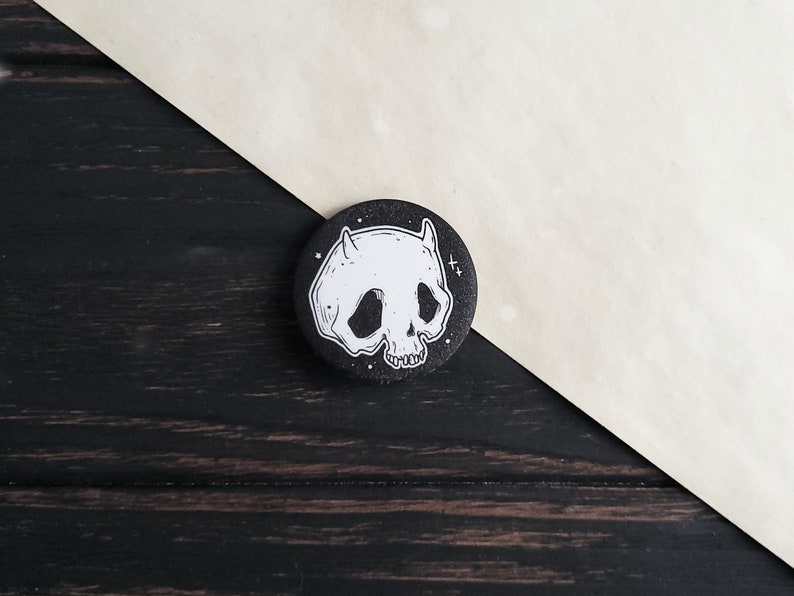 Spooky Cute Devil Skull Pin Badge Magical Sparkling Finish No Glitter 1.5 inch image 1