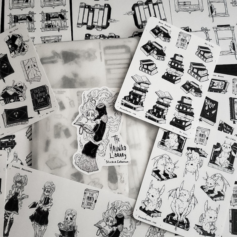 May include: A set of black and white stickers featuring illustrations of a haunted library, including stacks of books, a spooky gargoyle, and a witch reading a book. The stickers are part of a collection called "The Haunted Library Sticker Collection".