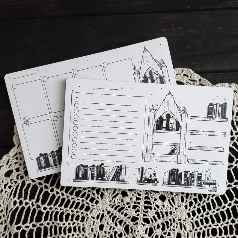 Op de afbeelding: Zwart-witte printbare plannerpagina met een gotisch boekenkastontwerp en een to-dolijst. De pagina bevat een schedel- en kruisbeenderenafbeelding en de tekst "Read & Repeat".