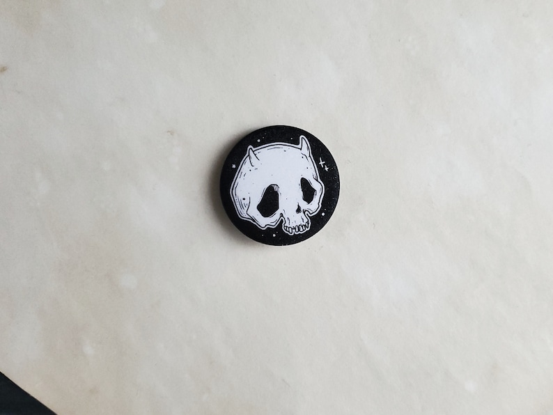 Spooky Cute Devil Skull Pin Badge Magical Sparkling Finish No Glitter 1.5 inch image 2