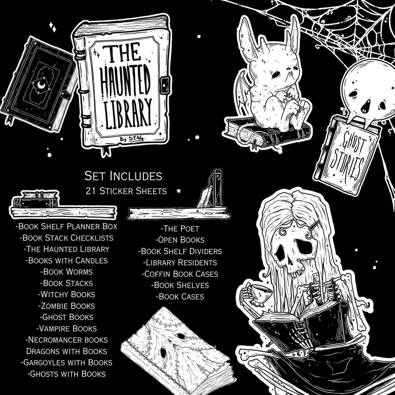 May include: A set of 21 sticker sheets featuring a black and white illustration of a haunted library with the text "The Haunted Library by Stag". The set includes stickers of books, bookworms, witches, zombies, ghosts, vampires, necromancers, dragons, gargoyles, and ghosts with books. The stickers are perfect for adding a spooky touch to your planner, laptop, or water bottle.