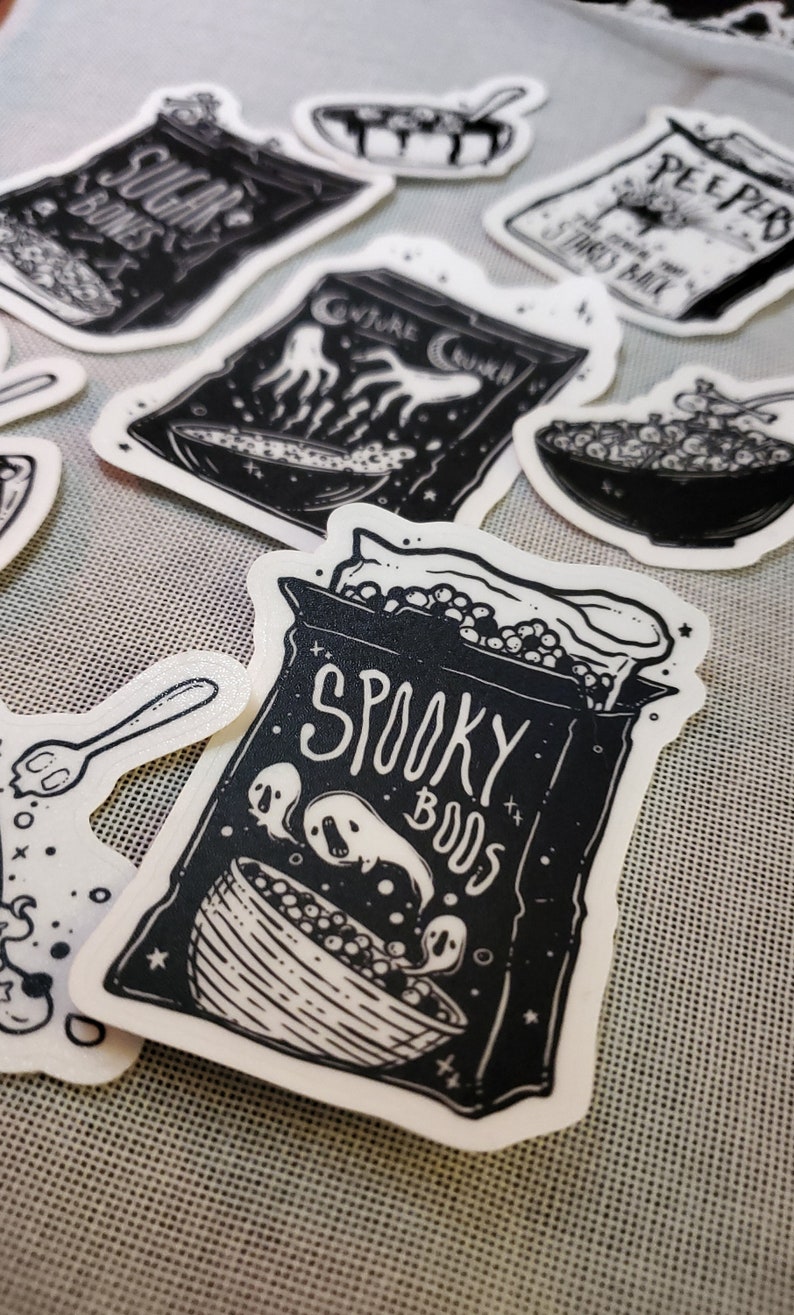Spooky cute goth cereal stickers.