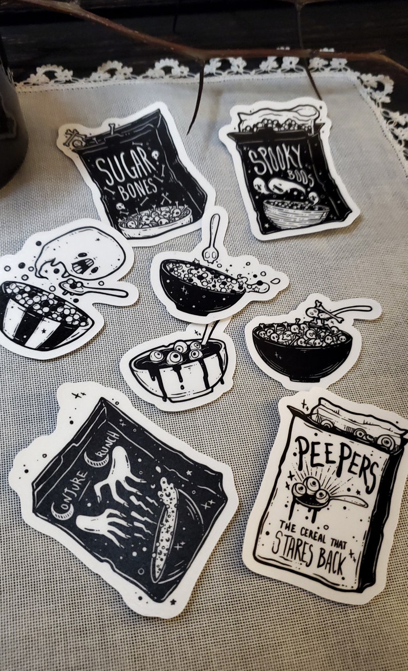 creepy cute goth cereal sticker pack by artist white stag of lowbrow misfits.
