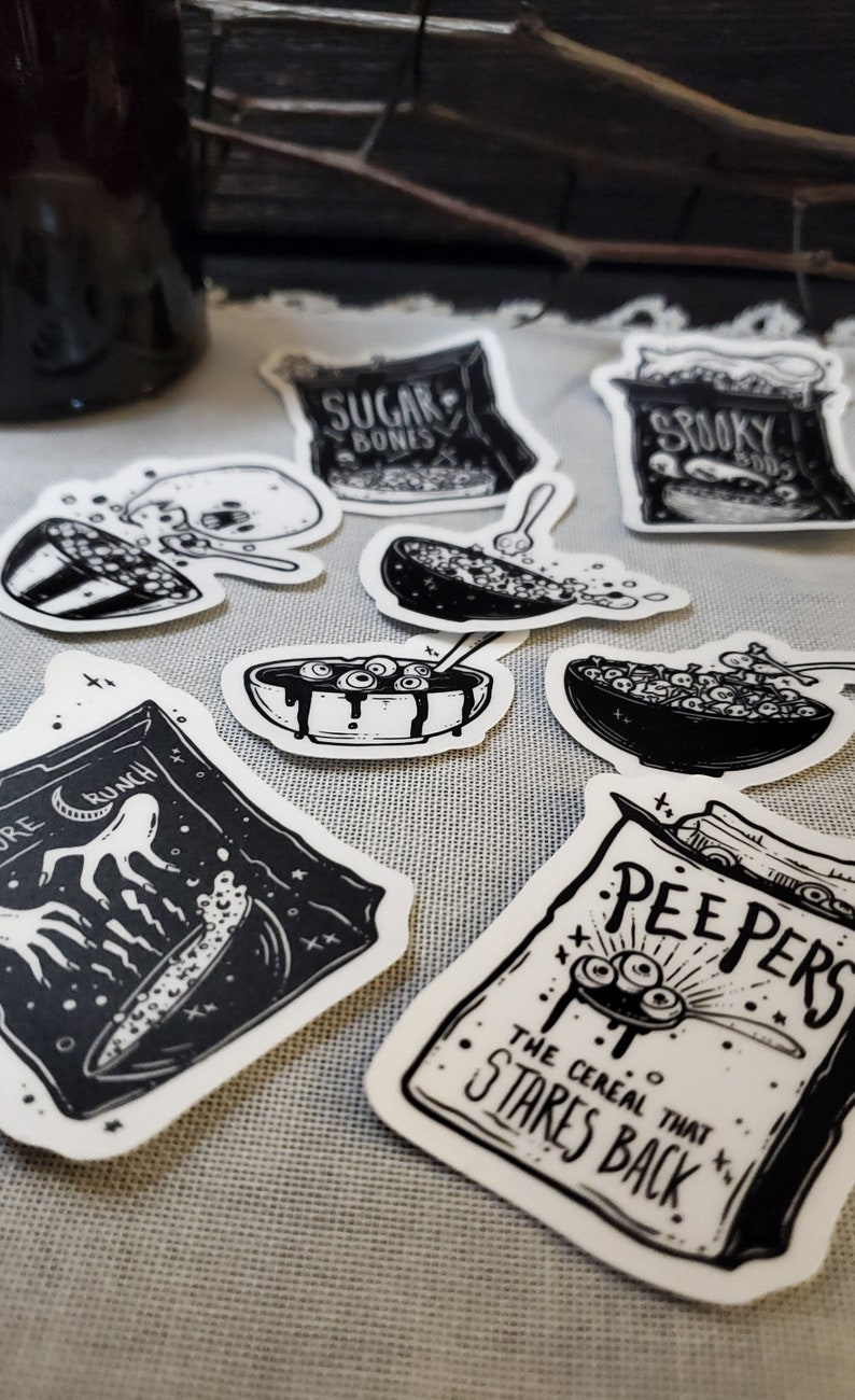 Spooky cute goth cereal stickers.