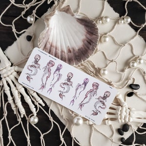 Spooky cute mermaid skeleton planner sticker sheet with fishnet and seashell
