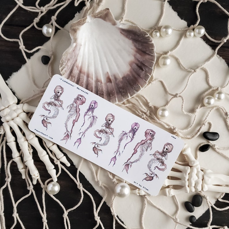 Spooky cute mermaid skeleton planner sticker sheet with fishnet and seashell