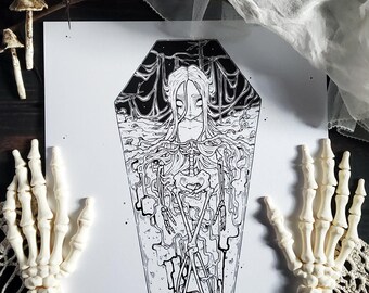 骸骨棺の少女 - アートプリント - 8.5x11 不気味でかわいいゴシック