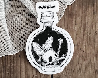 Horned Fairy Skull Sticker | Gothic Bottle Sticker with Bones and Wings | Creepy Cute Dark Fantasy Art
