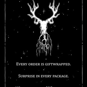 Op de afbeelding: Zwart-witte illustratie van een hertenschedel met geweien tegen een sterrenhemel. De tekst "EVERY ORDER IS GIFTWRAPPED. SURPRISE IN EVERY PACKAGE. US ORDERS OVER $35 SHIP FREE." staat onder de afbeelding.