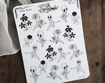 Gloom Bloom Planner Sticker Sheet | Spooky Gothic Plants with Skulls & Spider Webs | Creepy Cute Dark Fantasy Stickers